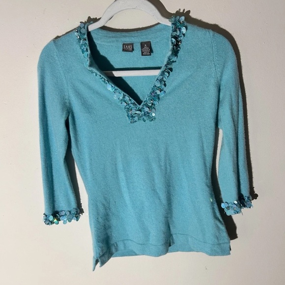 Saks Fifth Avenue Tops - Saks Fifth Avenue Teal Embellished Cashmere Sweater Sz Small VGUC